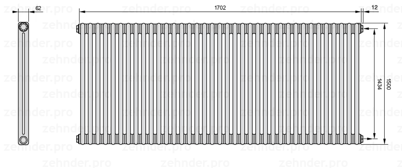 Схема (чертеж) Радиатор Zehnder Charleston 2150/37 №7610 Белый глянцевый RAL 9016